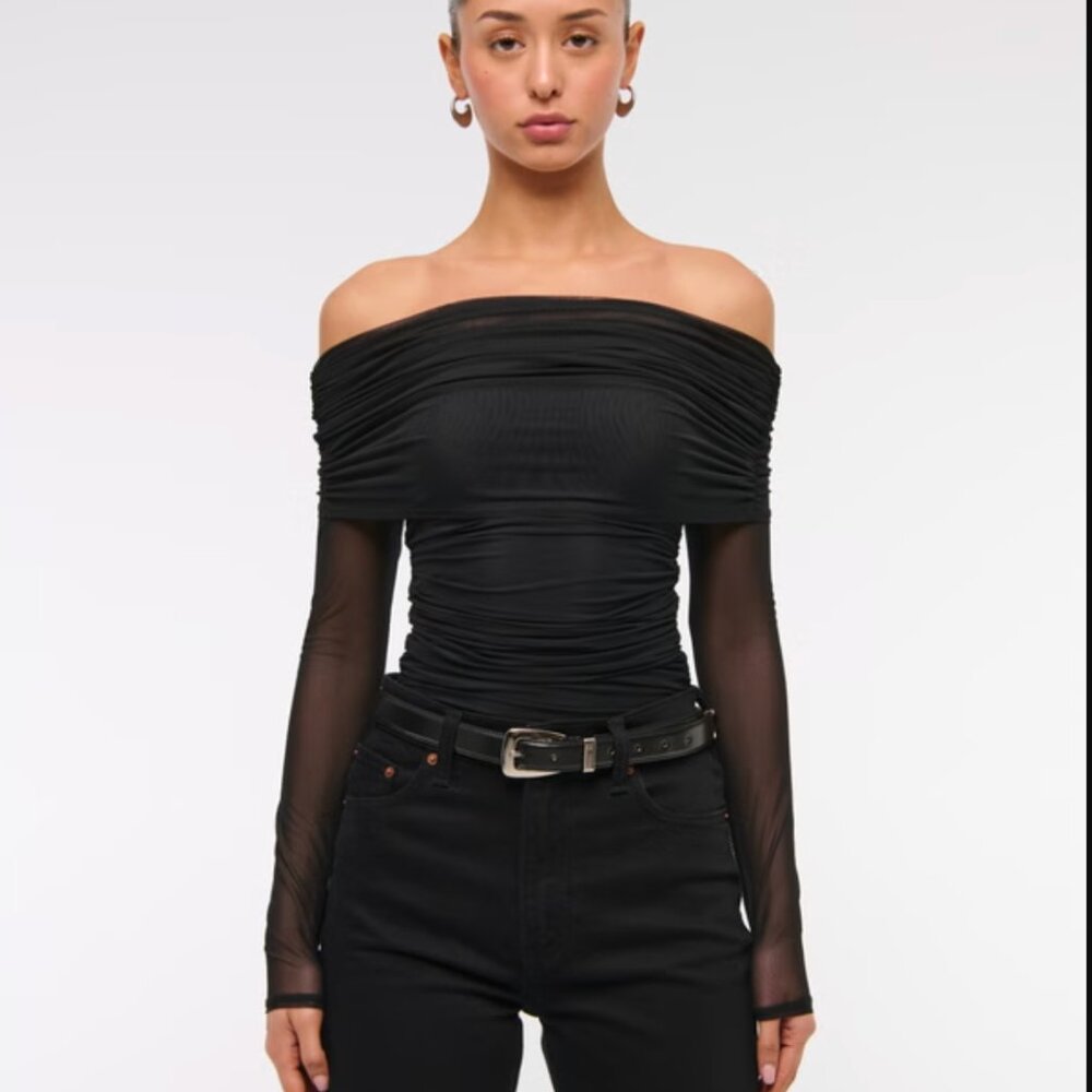 NWT, Abercrombie Long-Sleeve Mesh Foldover Bodysuit, Black, L